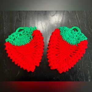 Handcrafted Red Green Crochet strawberry- hangs- pot handle holder - cottagecore